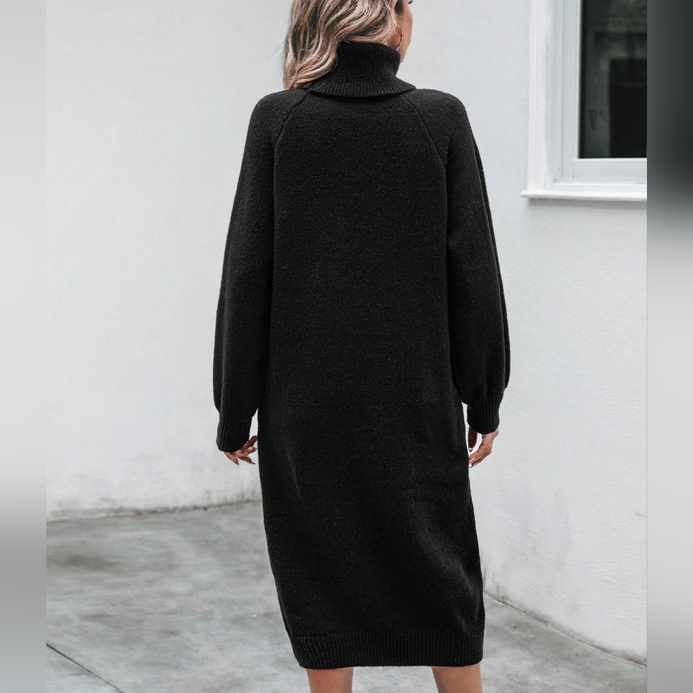 Figure Graphic Turtleneck Lantern Sleeve Sweater Dress - Picture 4 of 5